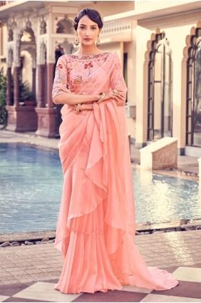 Peach Party Wear Saree in Organza with Zari,thread SR24129