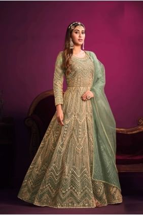light Green Net Anarkali Suit with Printed AS3573