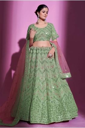 Silk Wedding Lehenga Choli with Mirror in Pista green LC6683