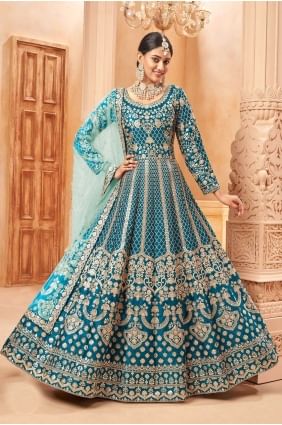 teal Blue Art silk Anarkali Suit with Printed AS3576
