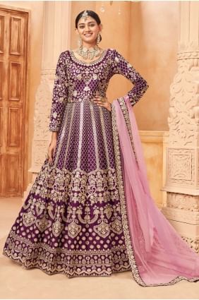 Art silk Anarkali Suit in Purple with Printed AS3577