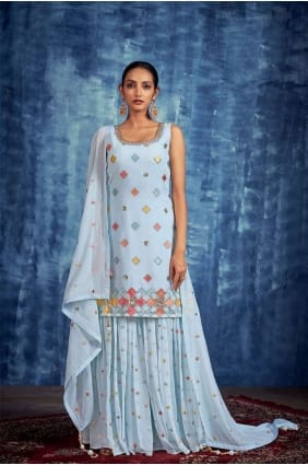 Georgette Sharara Suit in Turquoise with Thread SS1036