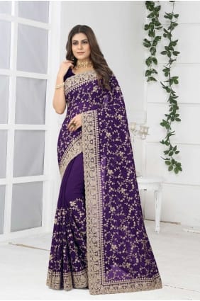 Georgette Party Wear Saree in Purple with Embroidered SR24417