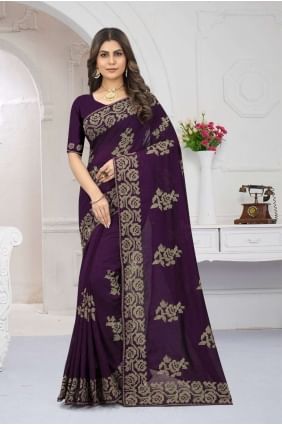 Embroidered Purple Silk Saree with Blouse SR24437