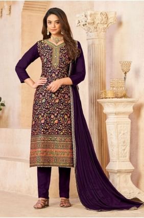 Embroidered Jacquard Salwar Kameez in Purple with Dupatta SK153214
