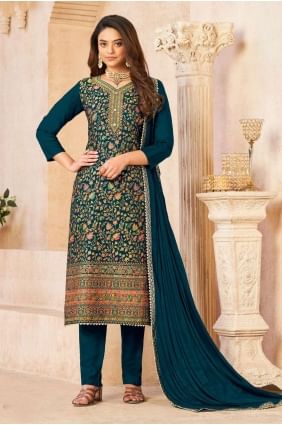 Jacquard Aqua blue Salwar Kameez in Embroidered SK153217