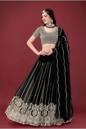 Black Embroidered Wedding Lehenga Choli in Georgette LC6853