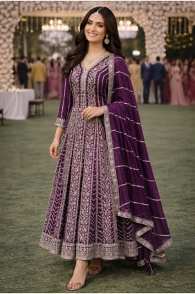 Embroidered Anarkali Suit in Purple Chinon chiffon AS4329
