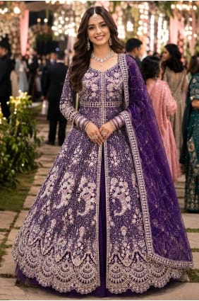 Purple Embroidered Net Anarkali Suit AS4356