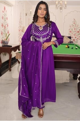 Purple Eid Anarkali Suit in Embroidered Silk AS4165