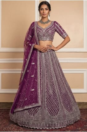 Net Purple Bridal Lehenga Choli in Thread LC8926
