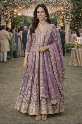 Purple Embroidered Anarkali Suit in Chinon chiffon AS4325
