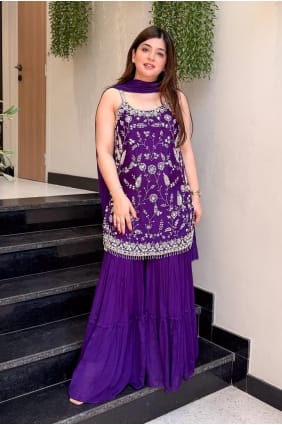 Sharara Suit in Purple Chinon chiffon with Embroidered SS1393