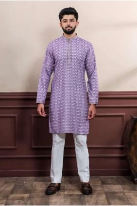 Purple Cotton blend Printed Men Kurta KURR497