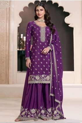 Purple Embroidered Chiffon Sharara Suit SS1251