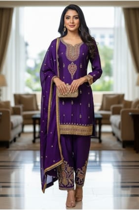 Chinon chiffon Purple Salwar Kameez in Embroidered SK15866