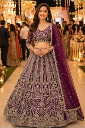 Net Party Lehenga Choli with Embroidered in Purple LC9077