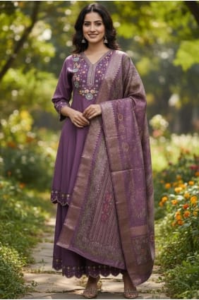 Silk Salwar Kameez with Embroidered in Purple SK155971