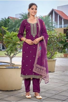 Purple Embroidered Straight Suit in Chanderi SK155419