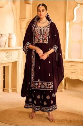 Purple Embroidered Velvet Palazzo Suit PZ4154