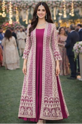Silk Embroidered Purple Gown Dress with Dupatta GW1250