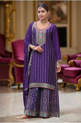 Weaving Chiffon Palazzo Suit in Purple with Dupatta PZ4201