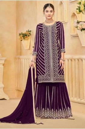 Purple Palazzo Suit in Faux georgette with Embroidered PZ4134