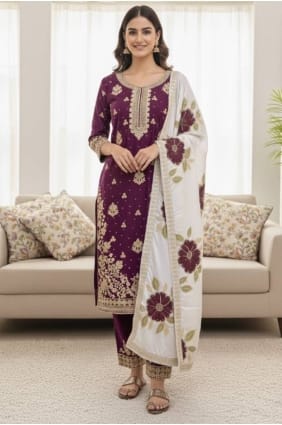Sequins Silk Purple Eid Palazzo Suit with Dupatta PZ4308