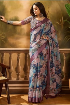 Purple Linen Saree with Printed SR29323