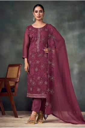 Purple Chiffon Embroidered Salwar Kameez with Dupatta SK15769