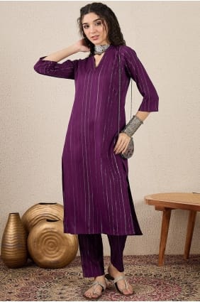 Cotton blend Embroidered Purple Salwar Kameez with Dupatta SK15834