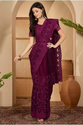 Embroidered Net Saree in Purple with Blouse SR29264