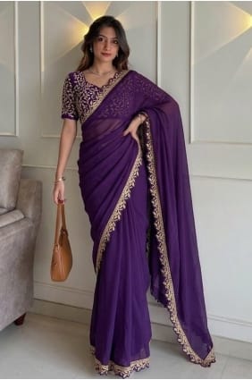 Embroidered,lace Saree in Purple Silk SR30053