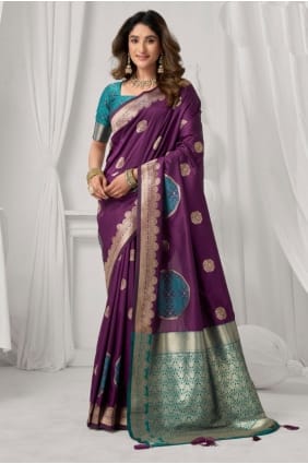 Silk Saree with Embroidered in Purple SR29563