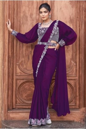 Purple Satin Saree with Sequins SR28315