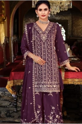 Purple Chiffon Sharara Suit with Stone with moti SS1302