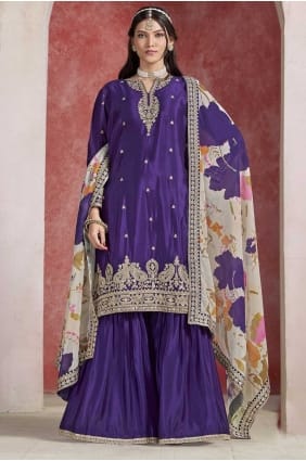 Weaving Sharara Suit in Purple Silk SS1273