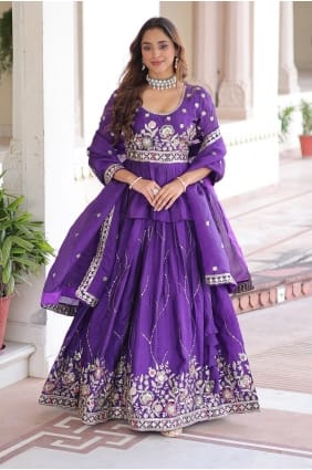 Embroidered Silk Eid Lehenga Suit in Purple with Dupatta LS084
