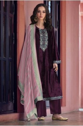 Purple Straight Pant Suit in Velvet with Embroidered SK155136