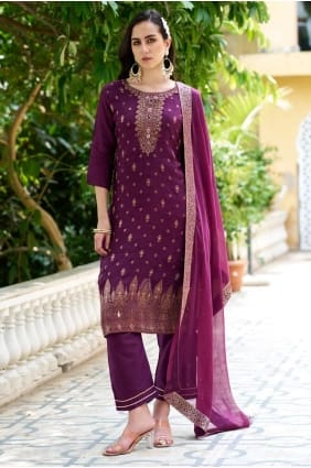 Purple Straight Suit with Weaving Rayon SK155481