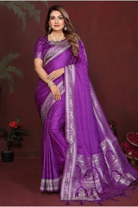 Purple Zari Satin Saree for Festive Wear SR29920