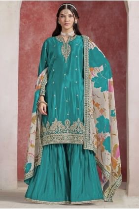 Silk Sharara Suit with Weaving in Rama blue SS1274