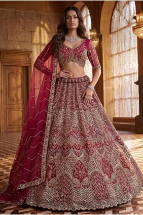 Net Lehenga Choli in Rasberry pink with Embroidered LC9040