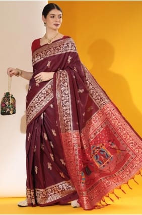 Wine Raw silk Saree with Weaving SR29286