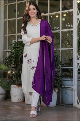 Rayon Embroidered Off white Straight Pant Suit with Dupatta SK155245