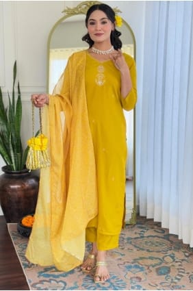 Rayon Embroidered Yellow Salwar Kameez with Dupatta SK155848