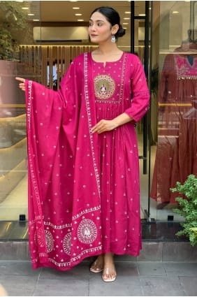 Rayon Eid Anarkali Suit with Embroidered in Pink AS4178