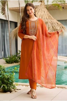 Orange Rayon Salwar Kameez with Embroidered SK155760