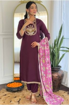 Rayon Embroidered Wine Salwar Kameez with Dupatta SK155663