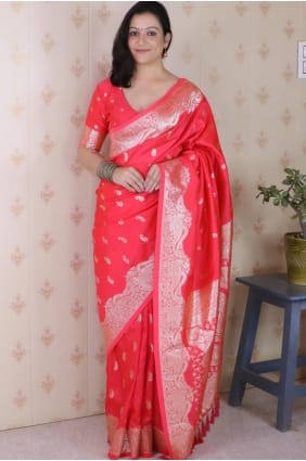 Red Saree in Banarasi silk with Weaving SR28962
